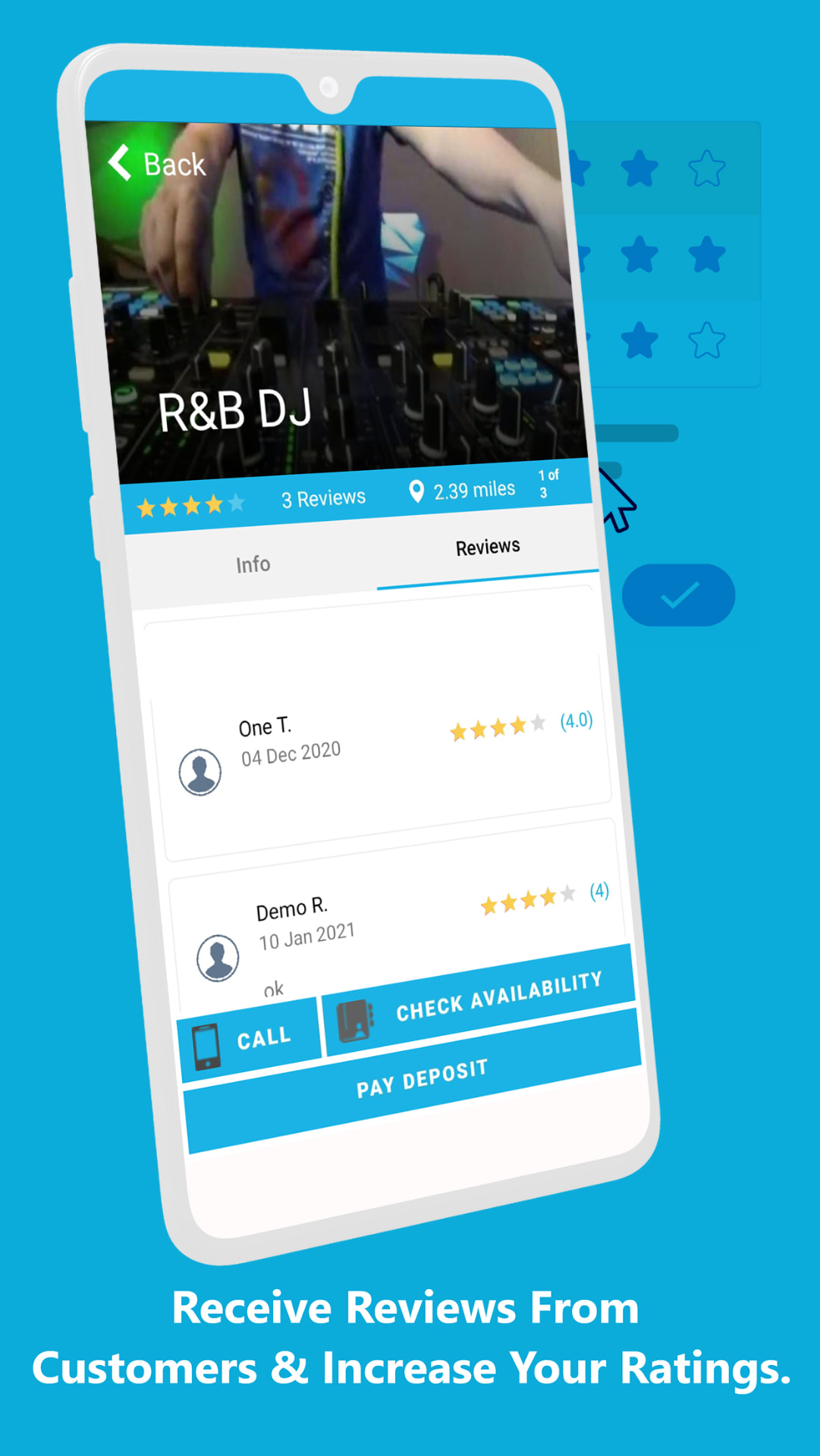 DJ profile reviews screen with star ratings